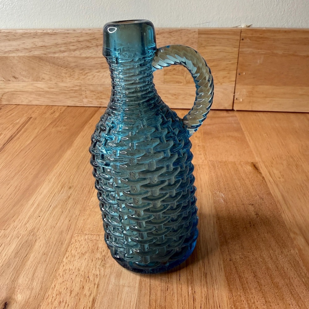 Vintage Antique Basket Weave Blue Glass Cruet Jug Bottle 5.25" Pontil Mark